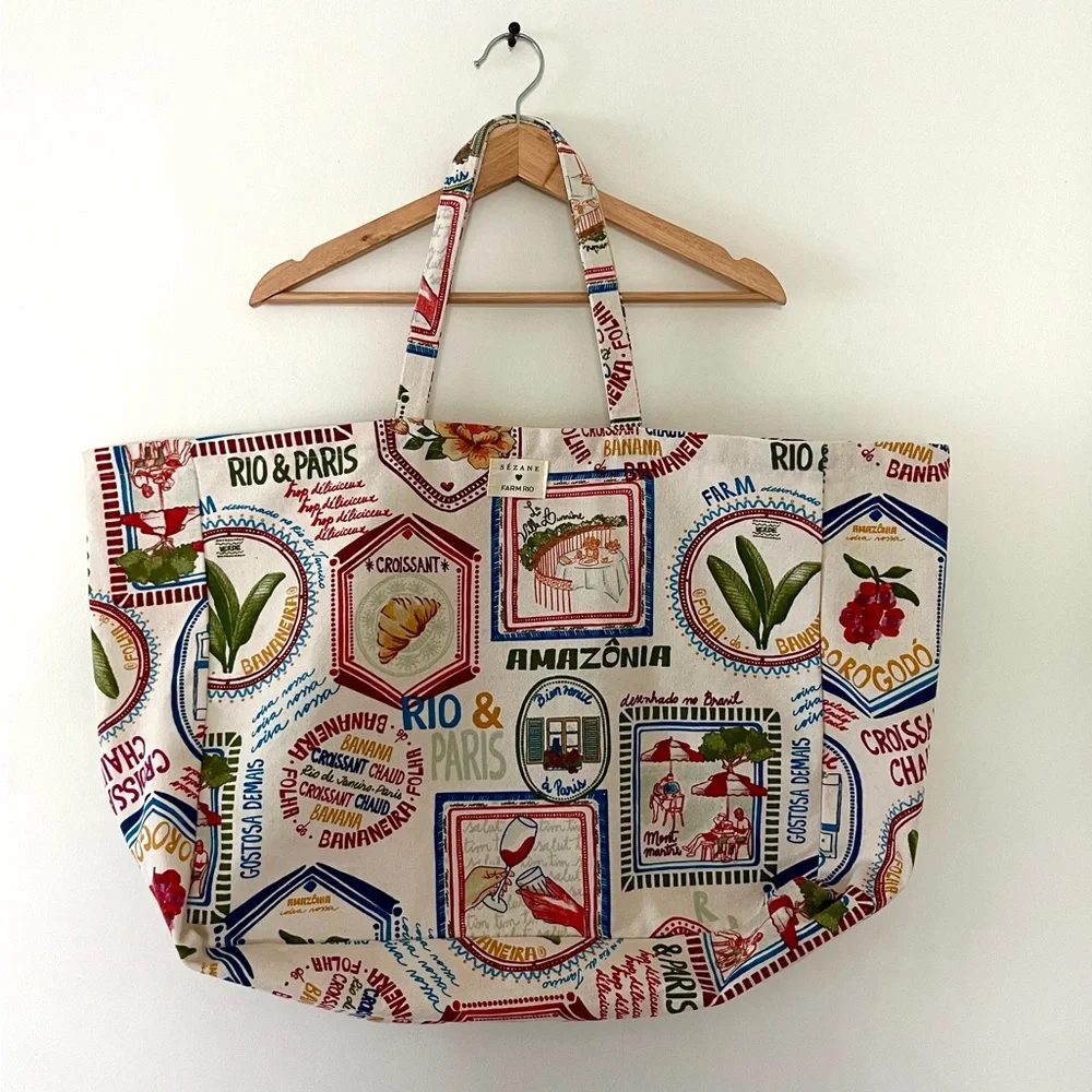 FARM RIO x SEZANE CROISSANT PRINT OVERSIZED CANVAS TOTE - Picture 1 of 7